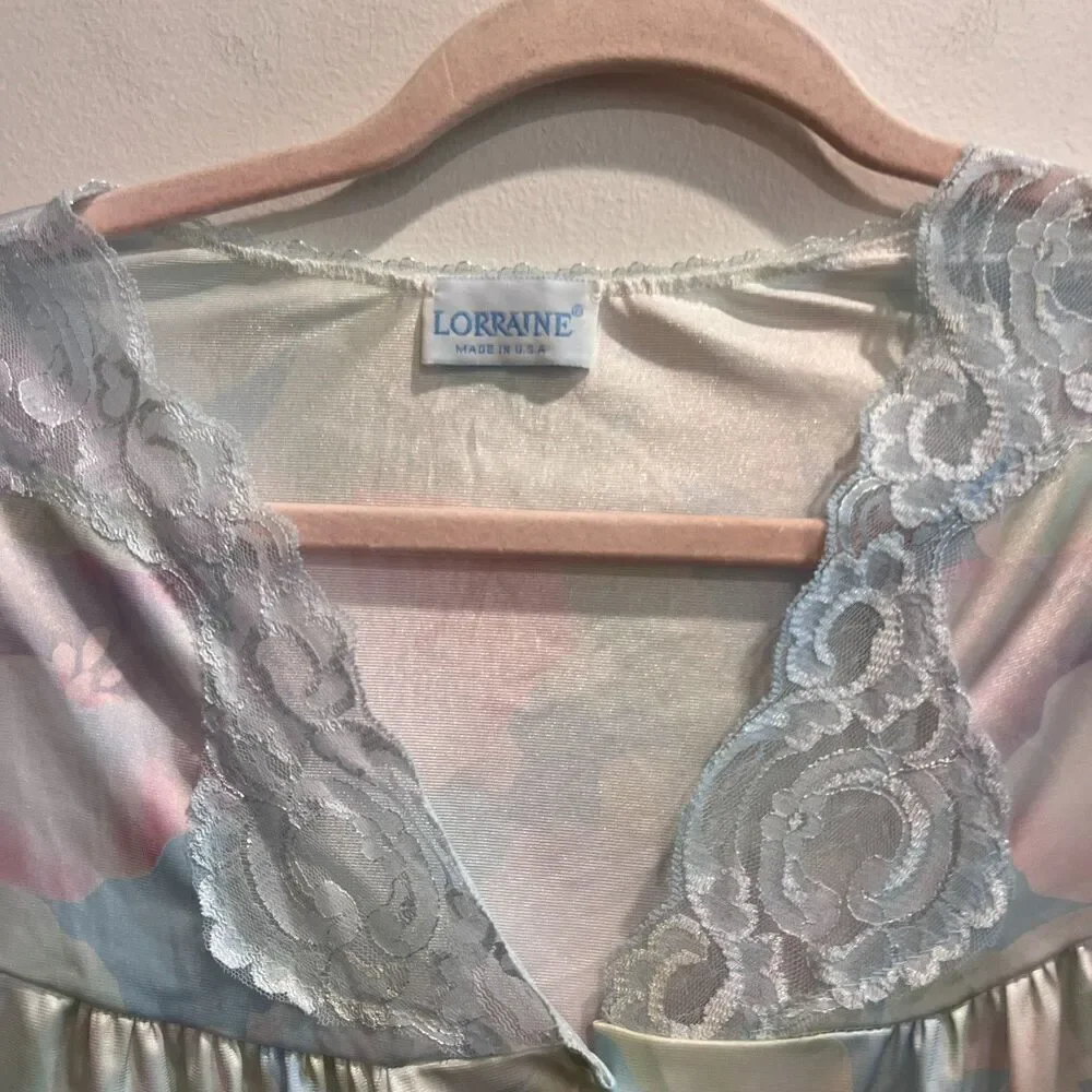 Lorraine Womens Pastel Blue Night Gown Robe Set OS Floral Vintage Short Sleeve